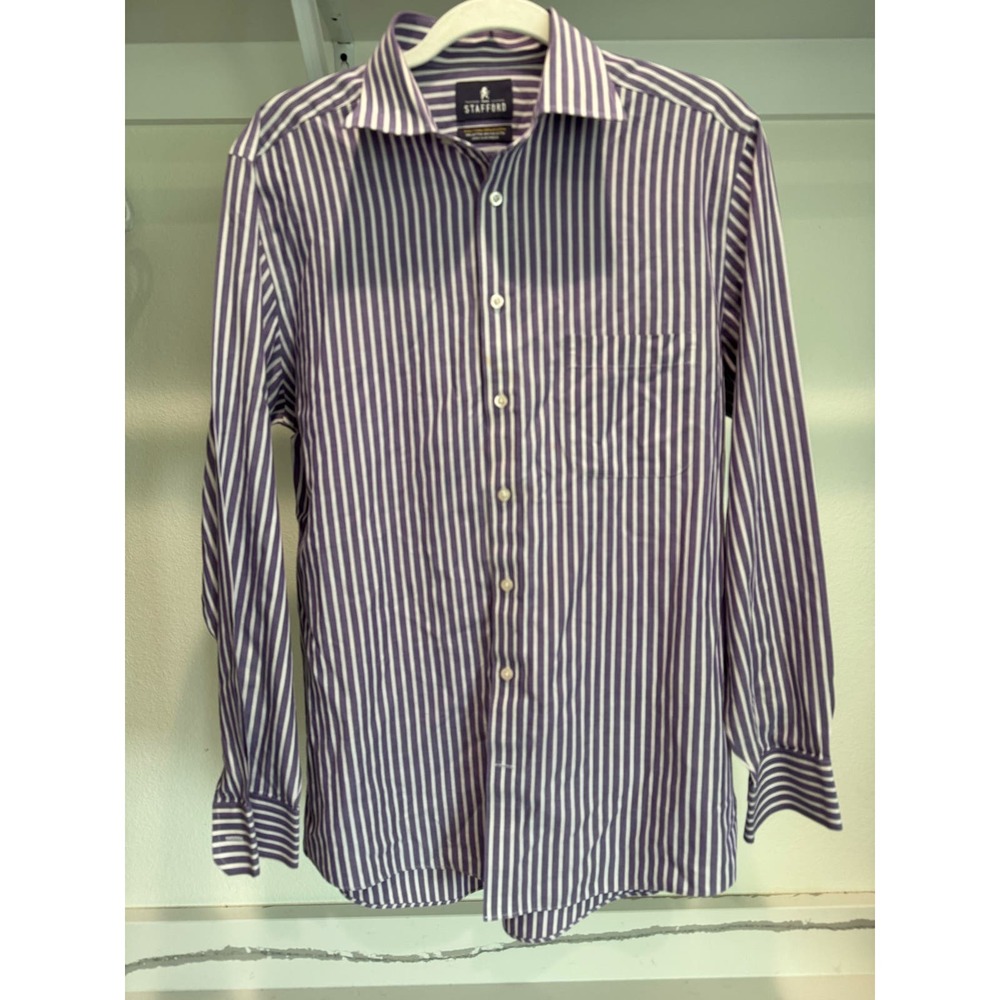 Stafford Men's Long-Sleeve Button-Down Purple Stripes Size 16‎ (34-35)